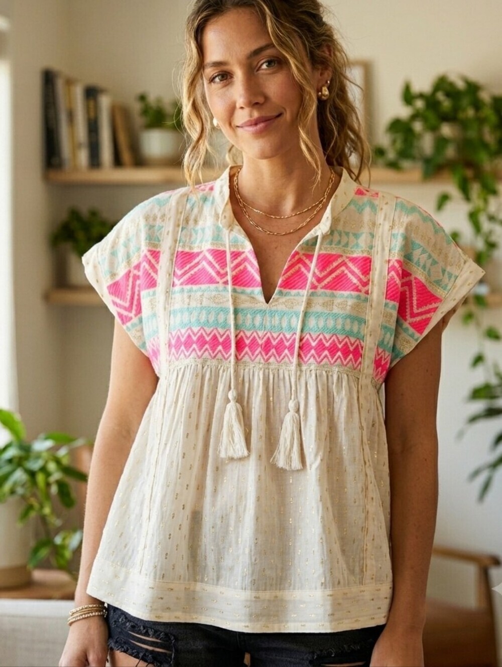 IVY JANE Cool & Breezy Aztec Inspired Cream Pink Mint Green Blouse Medium